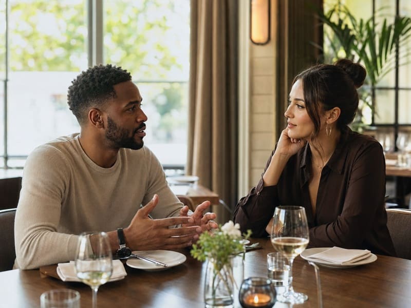 Two adults discussing expectations openly in a restaurant