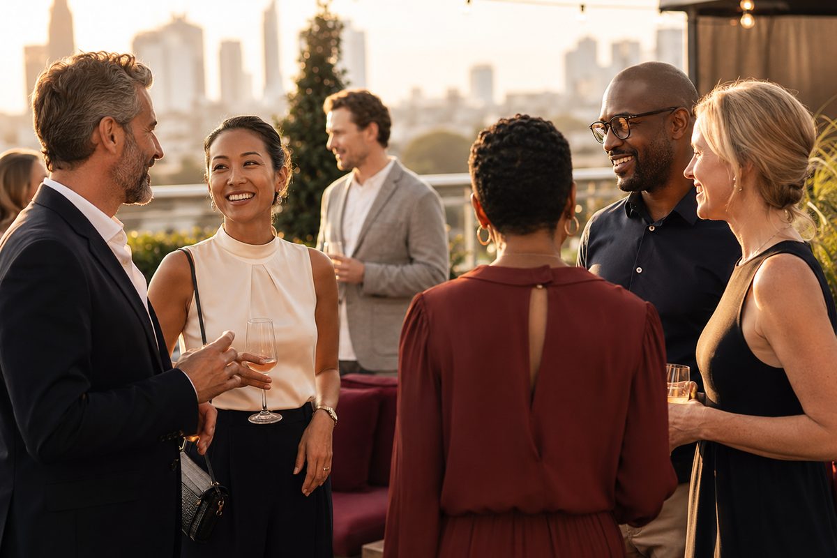 A diverse group of adults enjoying an elegant rooftop gathering
