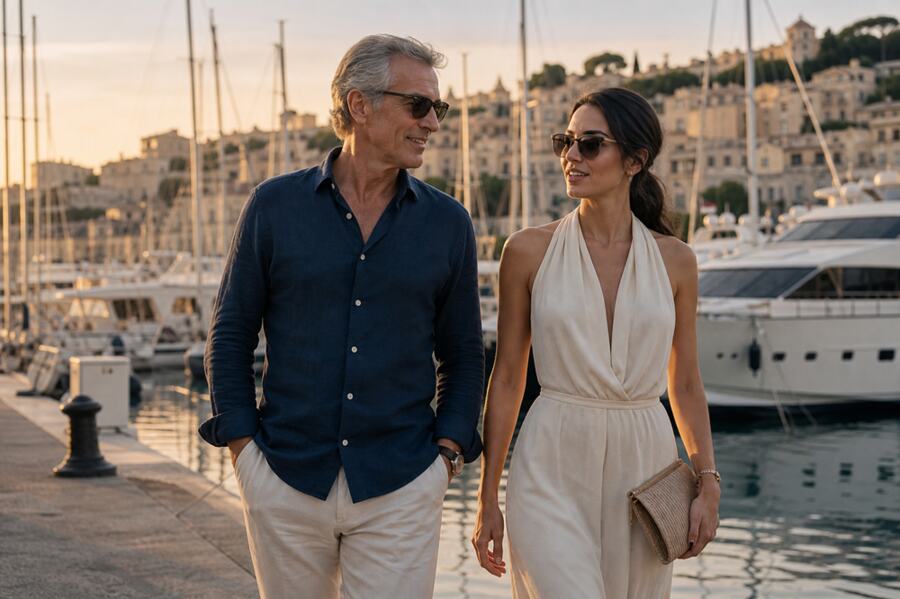 An adult couple walking together beside a marina