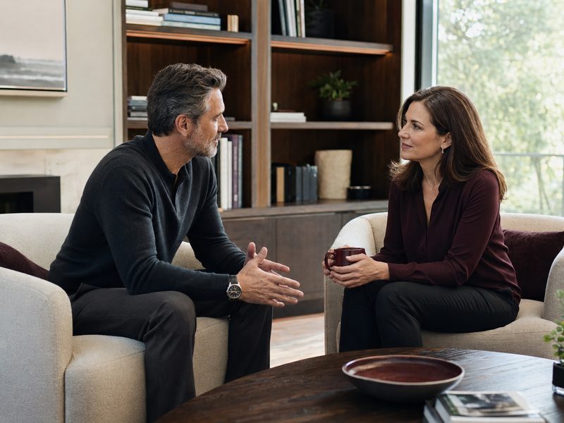 Two adults having a thoughtful and respectful conversation