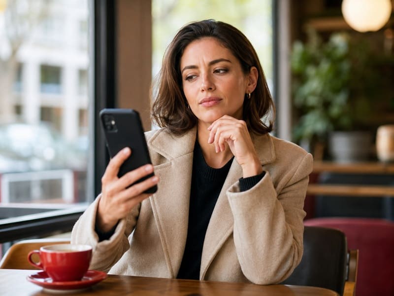 A woman recognizing warning signs in an online conversation