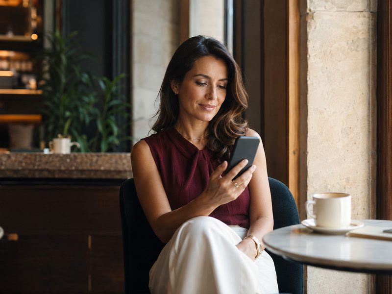 A woman using her phone privately in a quiet cafe