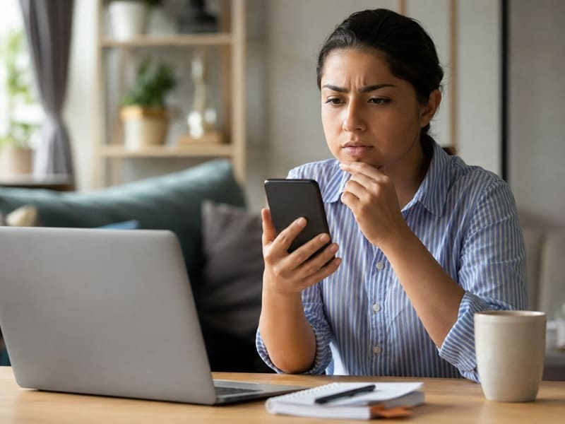 A woman carefully checking a suspicious payment message